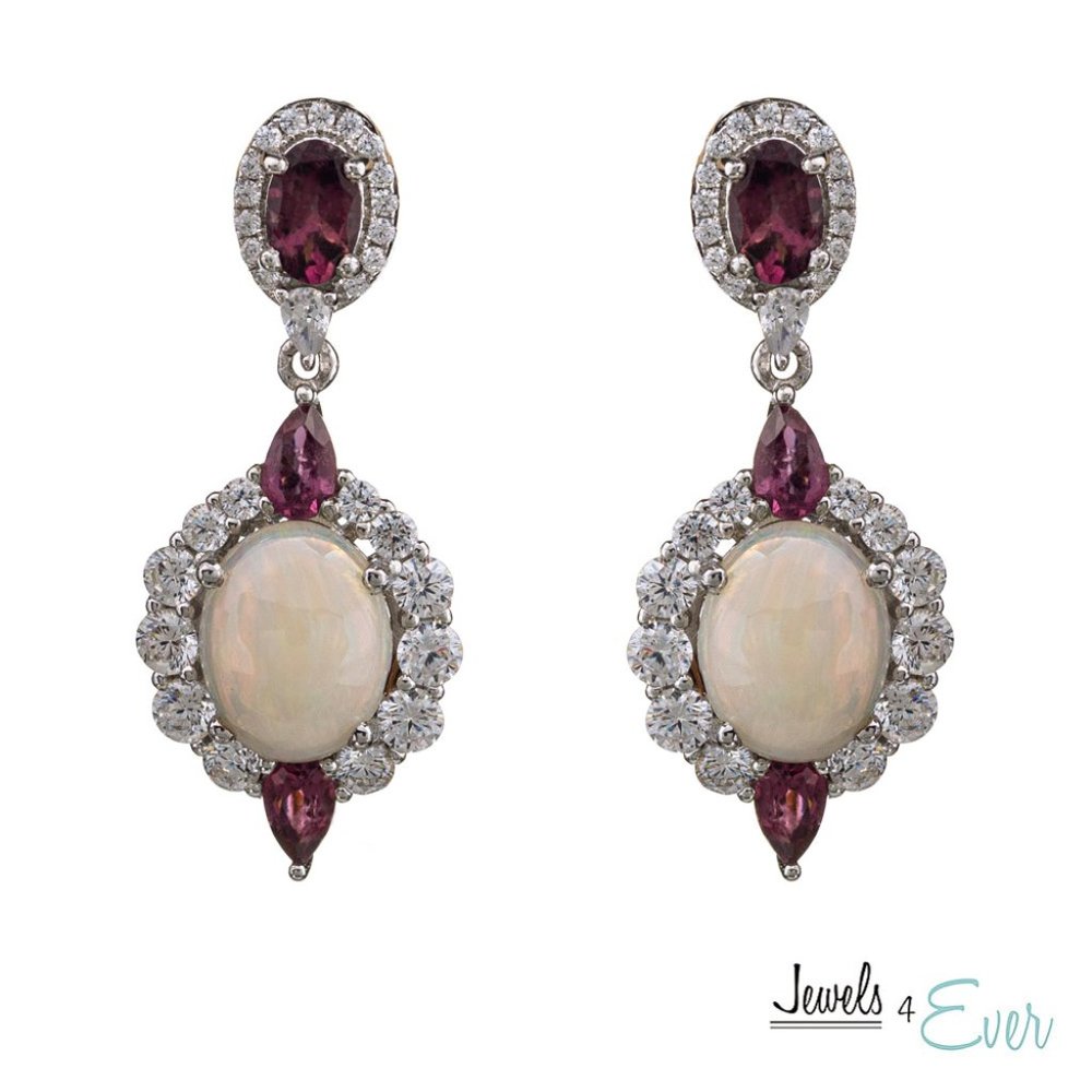 Sterling Silver Fancy Drop Style Earrings with Opal and Tourmaline
